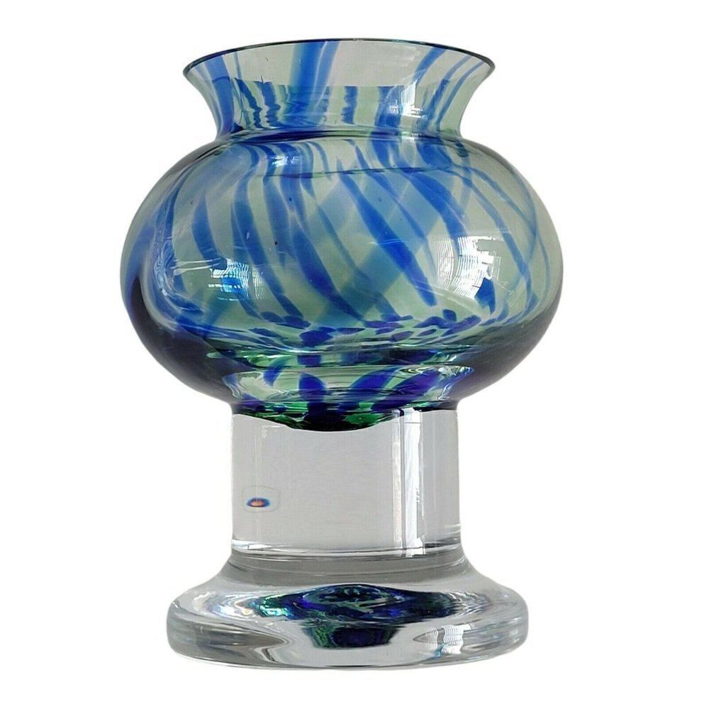 Art Glass Sea Of Sweden Bjorn Ramel Blue Green Swirl Heavy Footed Candle Holder